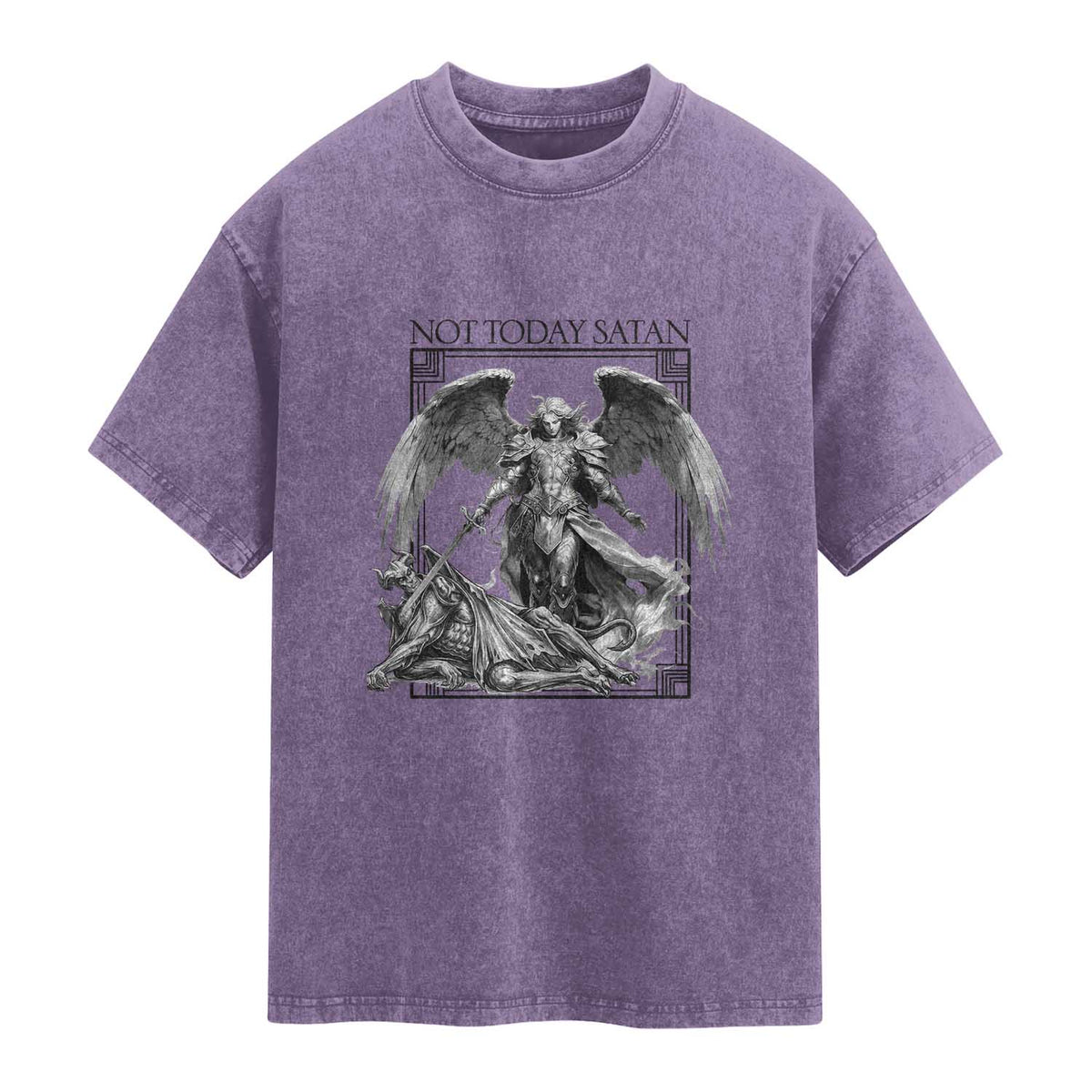 Funny Saint Michael Defeating Satan Washed Cotton T-Shirt Not Today Satan