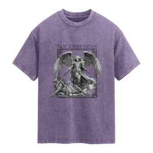 Funny Saint Michael Defeating Satan Washed Cotton T-Shirt Not Today Satan