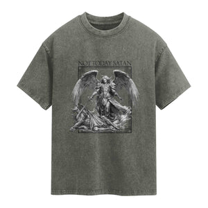 Funny Saint Michael Defeating Satan Washed Cotton T-Shirt Not Today Satan