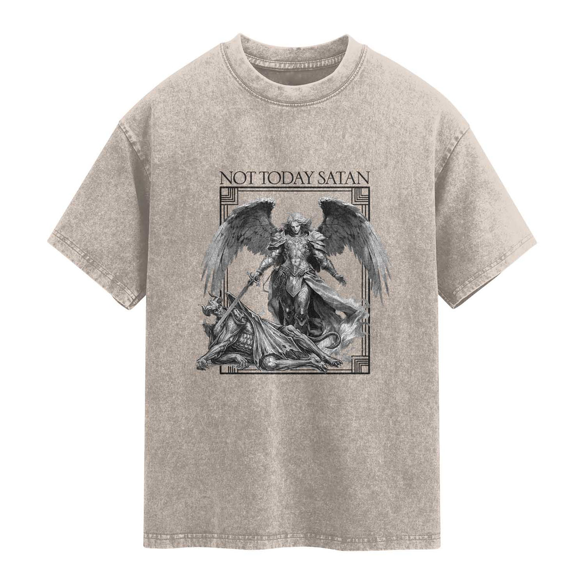 Funny Saint Michael Defeating Satan Washed Cotton T-Shirt Not Today Satan
