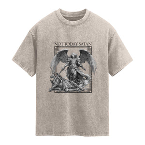 Funny Saint Michael Defeating Satan Washed Cotton T-Shirt Not Today Satan