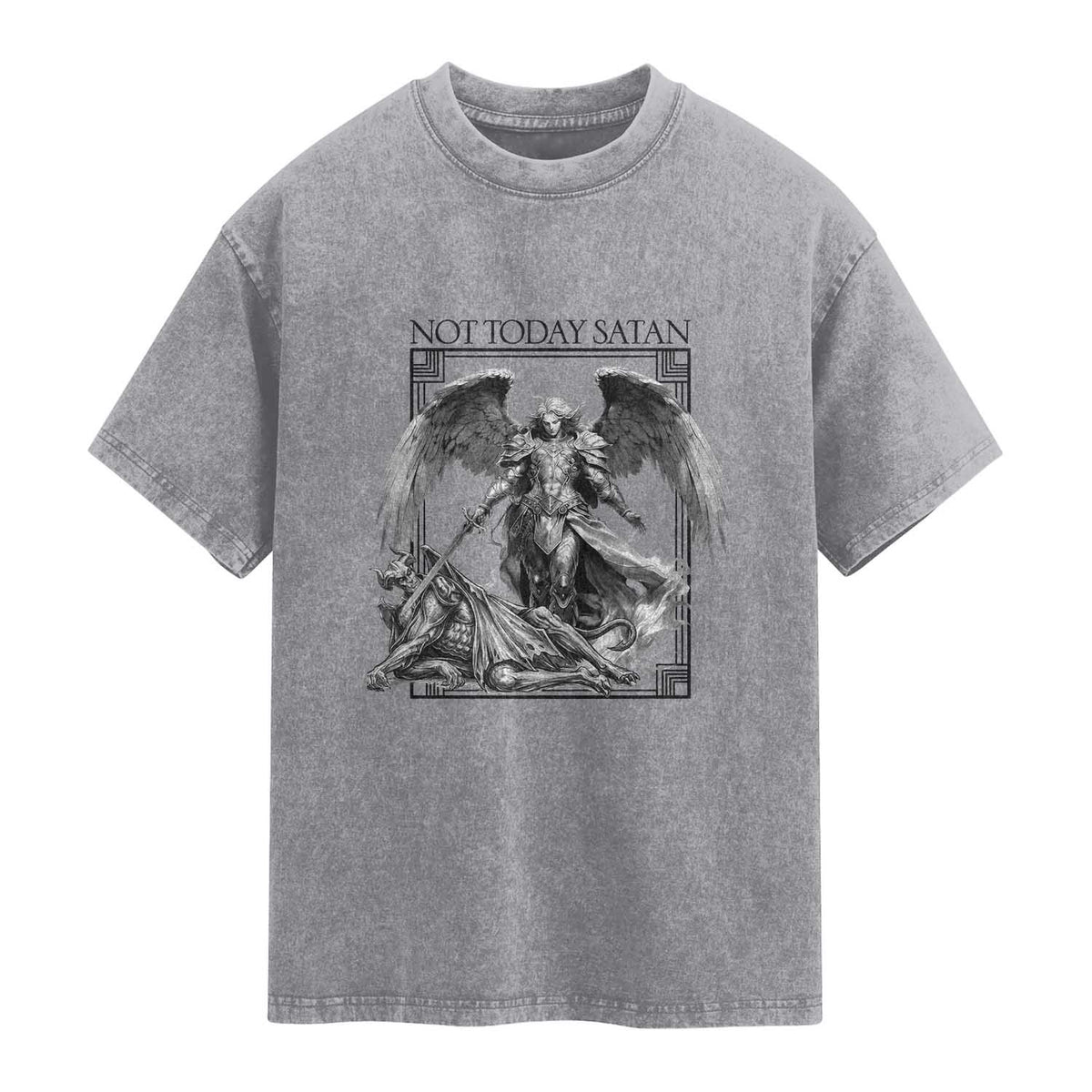 Funny Saint Michael Defeating Satan Washed Cotton T-Shirt Not Today Satan
