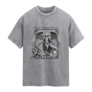 Funny Saint Michael Defeating Satan Washed Cotton T-Shirt Not Today Satan