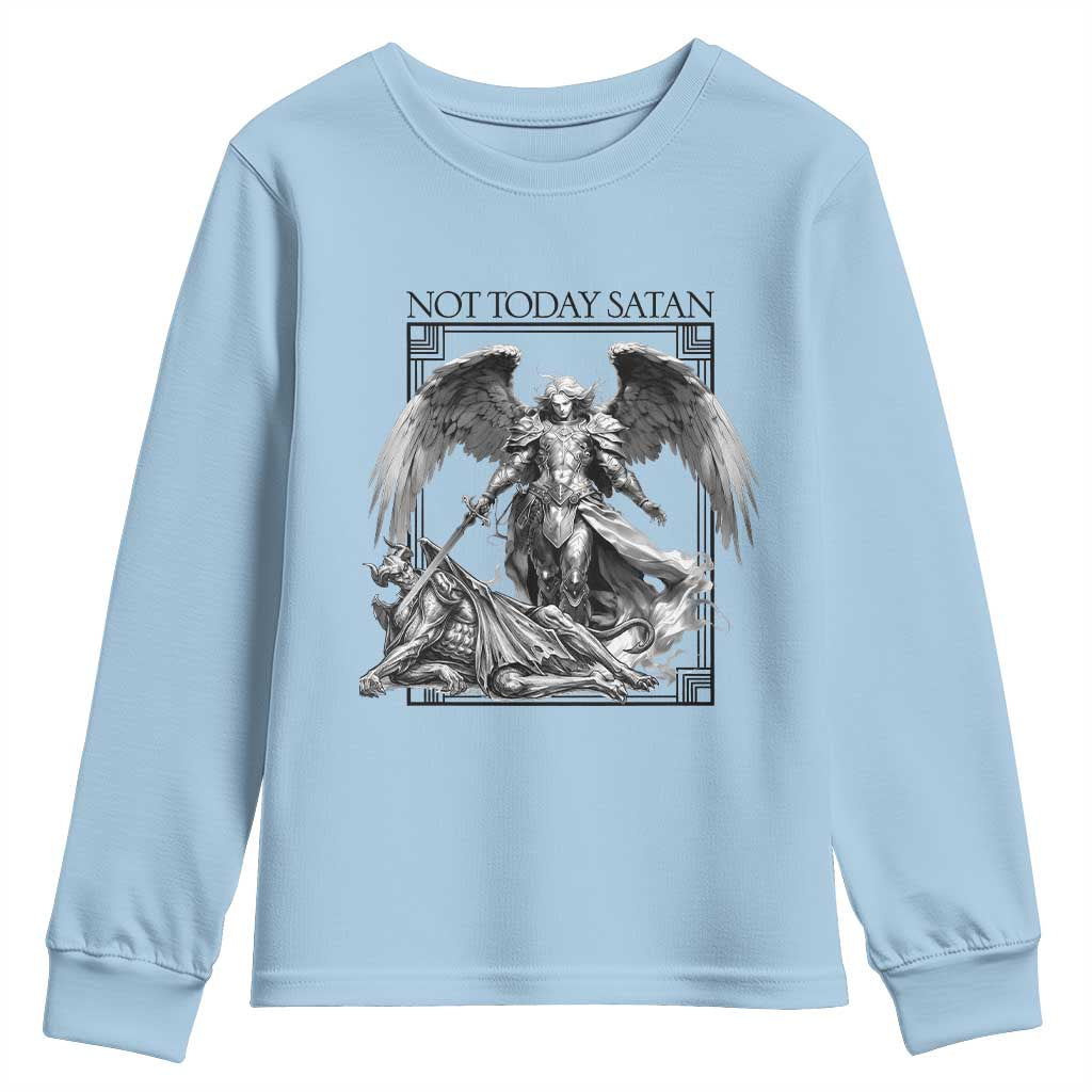 Funny Saint Michael Defeating Satan Youth Sweatshirt Not Today Satan TS12 Light Blue Print Your Wear
