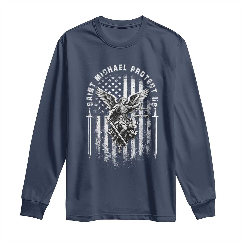 Vintage Saint Michael Archangel Protect Us Prayer Long Sleeve Shirt TS12 Navy Print Your Wear