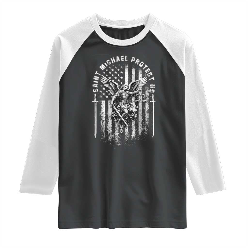 Vintage Saint Michael Archangel Protect Us Prayer Raglan Shirt TS12 Black White Print Your Wear