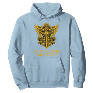 Vintage Catholic Saint Michael Protect Us Hoodie Religious Gift TS12 Light Blue Print Your Wear