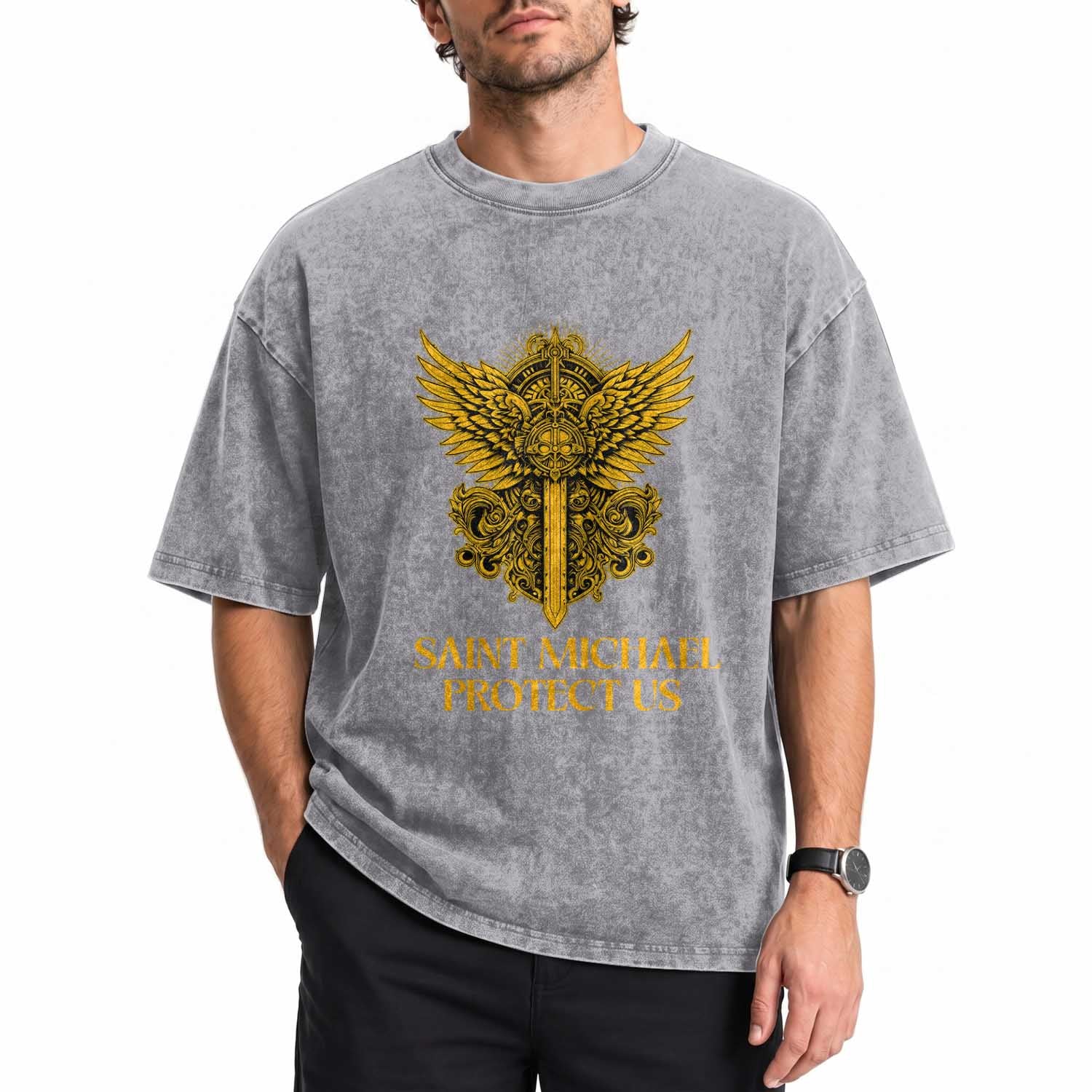 Vintage Catholic Saint Michael Protect Us Washed Cotton T-Shirt Religious Gift