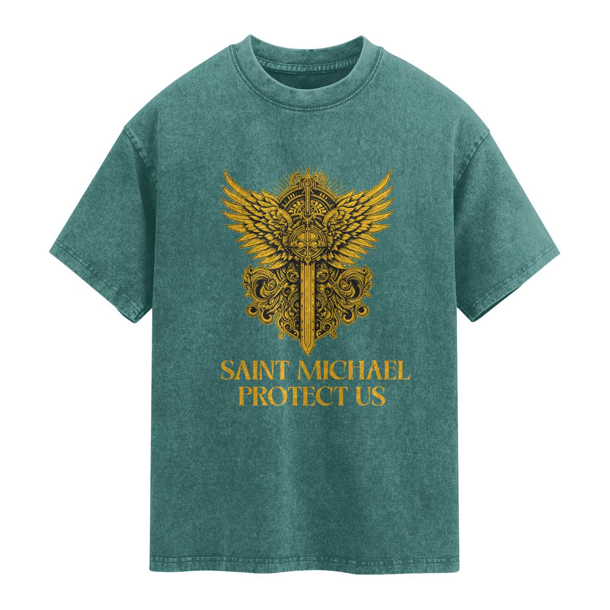 Vintage Catholic Saint Michael Protect Us Washed Cotton T-Shirt Religious Gift