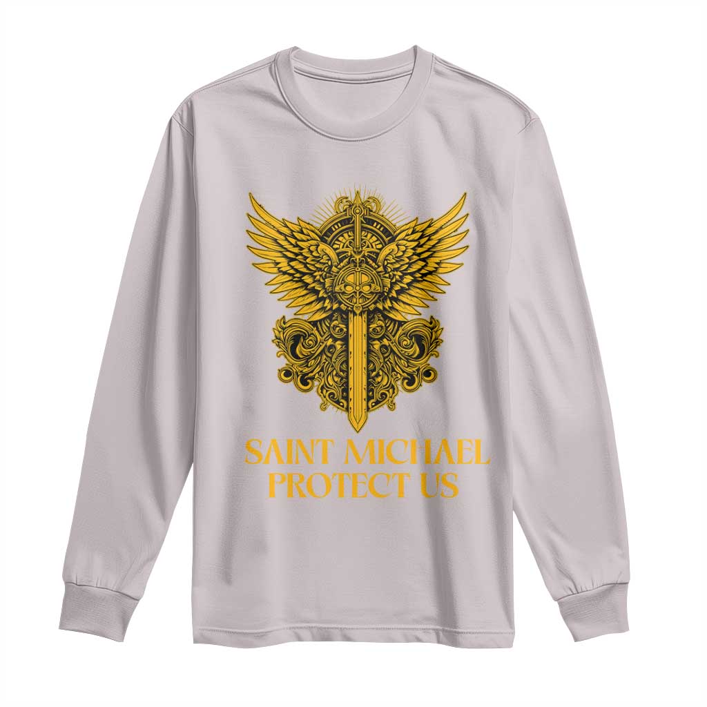 Vintage Catholic Saint Michael Protect Us Long Sleeve Shirt Religious Gift TS12 Ice Gray Print Your Wear