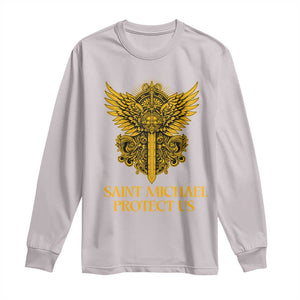Vintage Catholic Saint Michael Protect Us Long Sleeve Shirt Religious Gift TS12 Ice Gray Print Your Wear