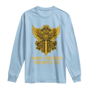 Vintage Catholic Saint Michael Protect Us Long Sleeve Shirt Religious Gift TS12 Light Blue Print Your Wear