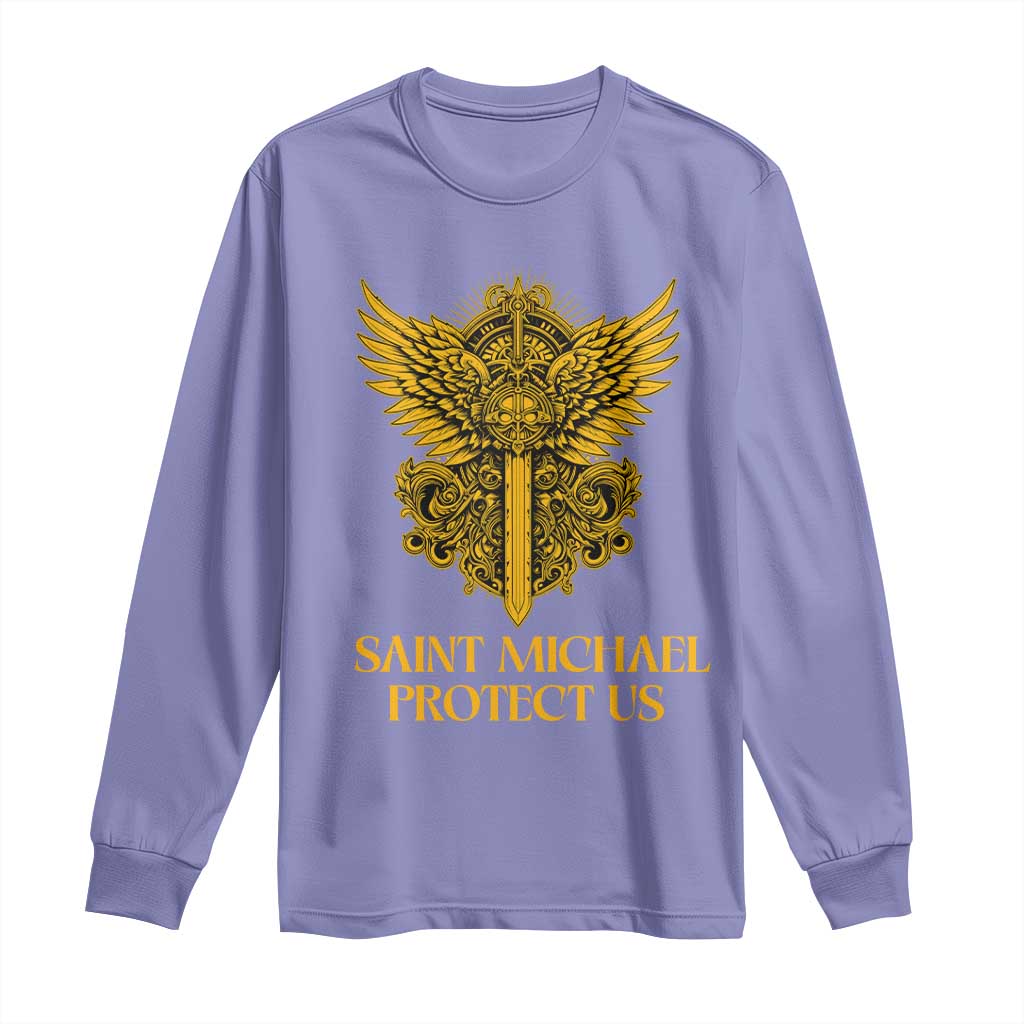 Vintage Catholic Saint Michael Protect Us Long Sleeve Shirt Religious Gift TS12 Violet Print Your Wear