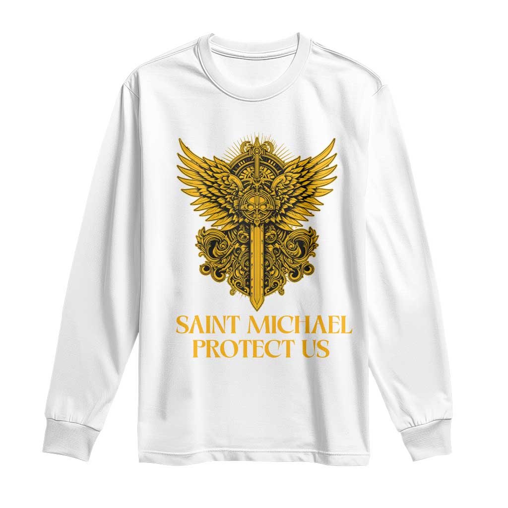 Vintage Catholic Saint Michael Protect Us Long Sleeve Shirt Religious Gift TS12 White Print Your Wear