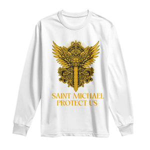 Vintage Catholic Saint Michael Protect Us Long Sleeve Shirt Religious Gift TS12 White Print Your Wear