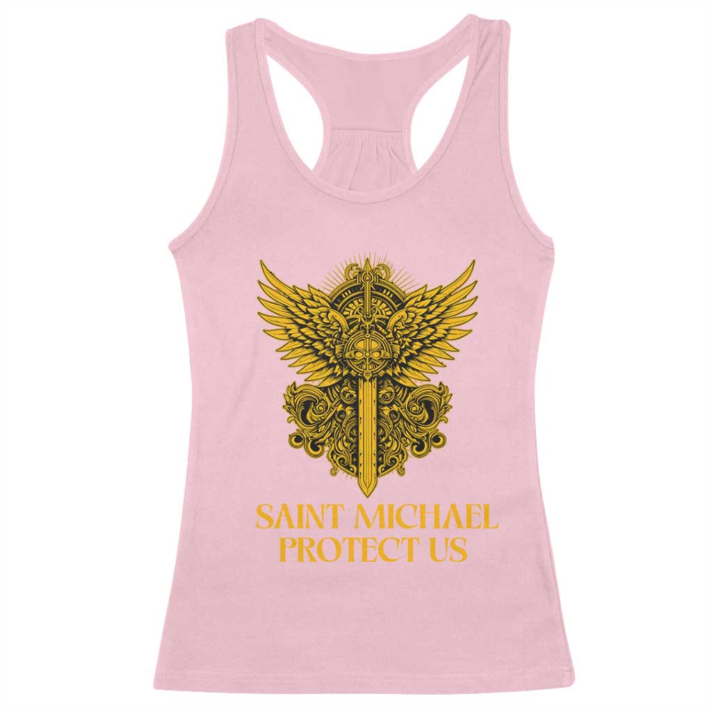 Vintage Catholic Saint Michael Protect Us Racerback Tank Top Religious Gift TS12 Light Pink Print Your Wear