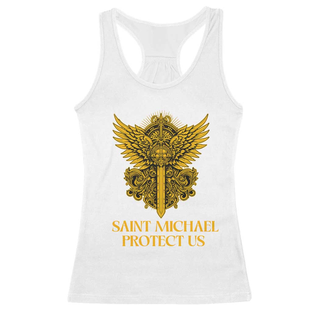 Vintage Catholic Saint Michael Protect Us Racerback Tank Top Religious Gift TS12 White Print Your Wear