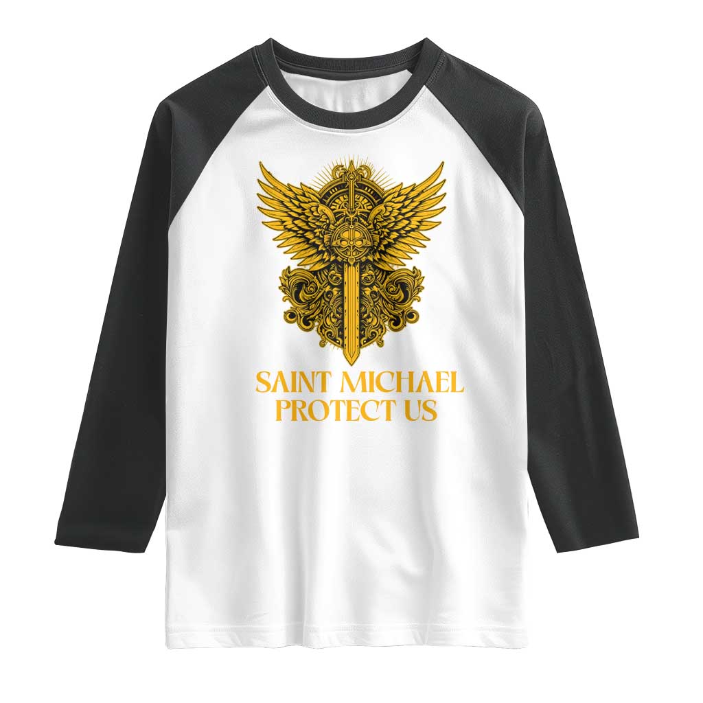 Vintage Catholic Saint Michael Protect Us Raglan Shirt Religious Gift TS12 White Black Print Your Wear