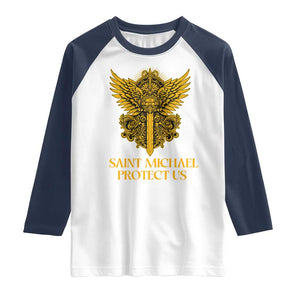 Vintage Catholic Saint Michael Protect Us Raglan Shirt Religious Gift TS12 White Navy Print Your Wear