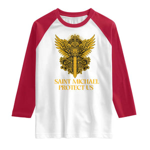 Vintage Catholic Saint Michael Protect Us Raglan Shirt Religious Gift TS12 White Red Print Your Wear