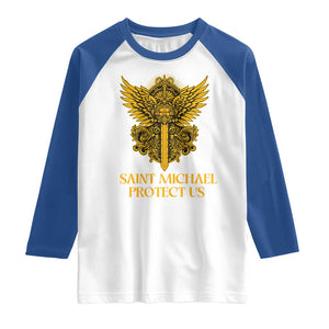 Vintage Catholic Saint Michael Protect Us Raglan Shirt Religious Gift TS12 White Royal Print Your Wear