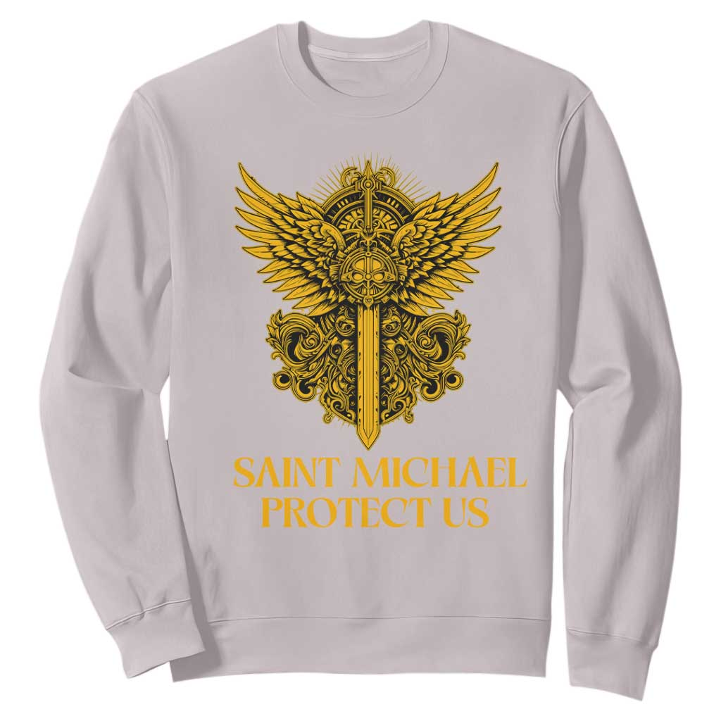 Vintage Catholic Saint Michael Protect Us Sweatshirt Religious Gift TS12 Ice Gray Print Your Wear