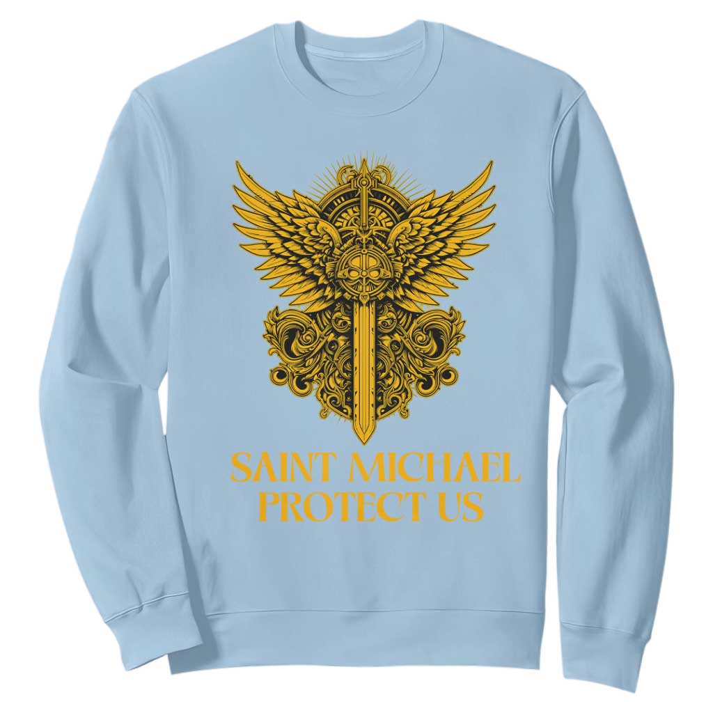 Vintage Catholic Saint Michael Protect Us Sweatshirt Religious Gift TS12 Light Blue Print Your Wear