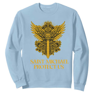 Vintage Catholic Saint Michael Protect Us Sweatshirt Religious Gift TS12 Light Blue Print Your Wear