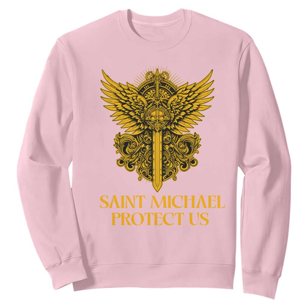 Vintage Catholic Saint Michael Protect Us Sweatshirt Religious Gift TS12 Light Pink Print Your Wear