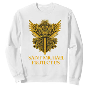 Vintage Catholic Saint Michael Protect Us Sweatshirt Religious Gift TS12 White Print Your Wear