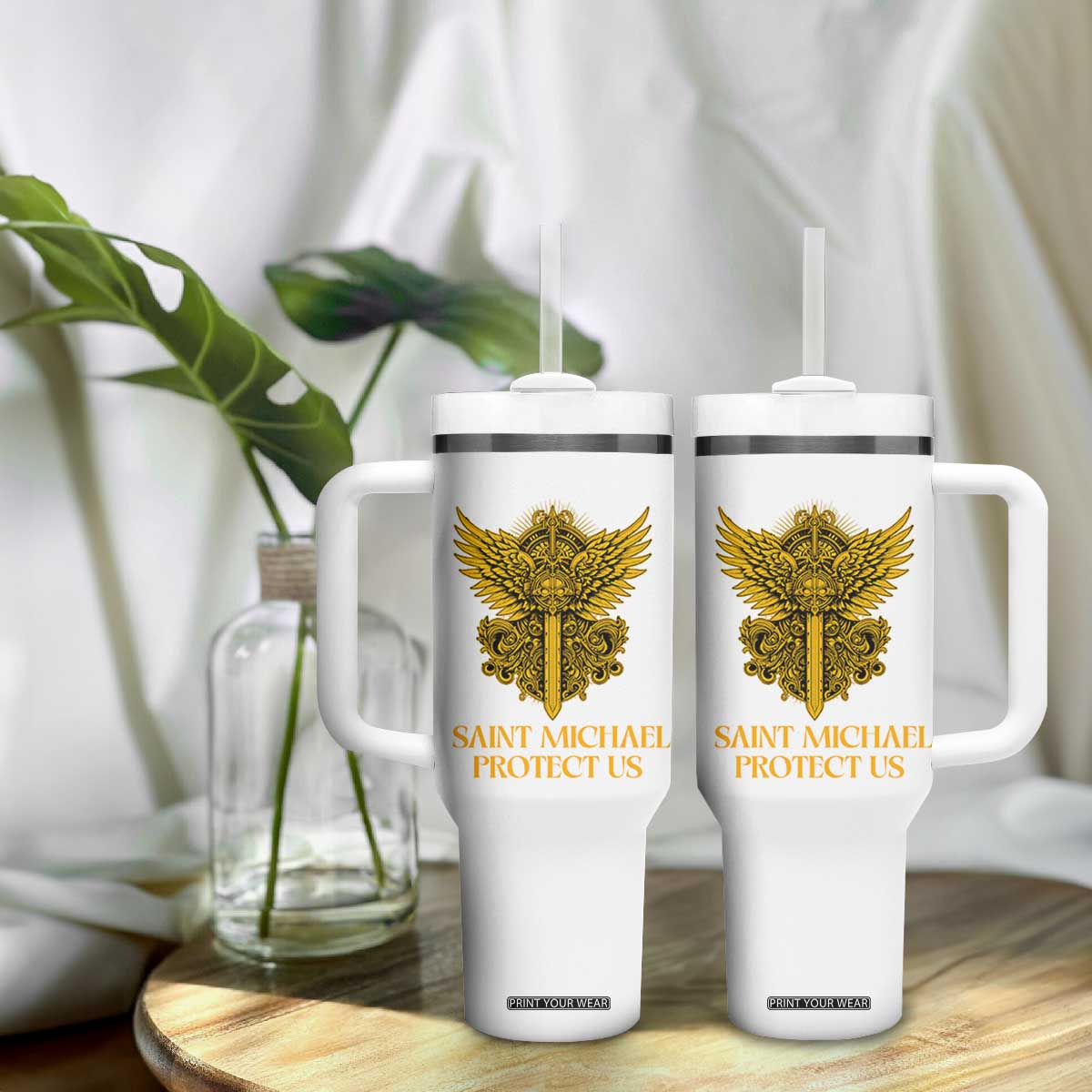 Vintage Catholic Saint Michael Protect Us Tumbler With Handle Religious Gift TS12 Print Your Wear