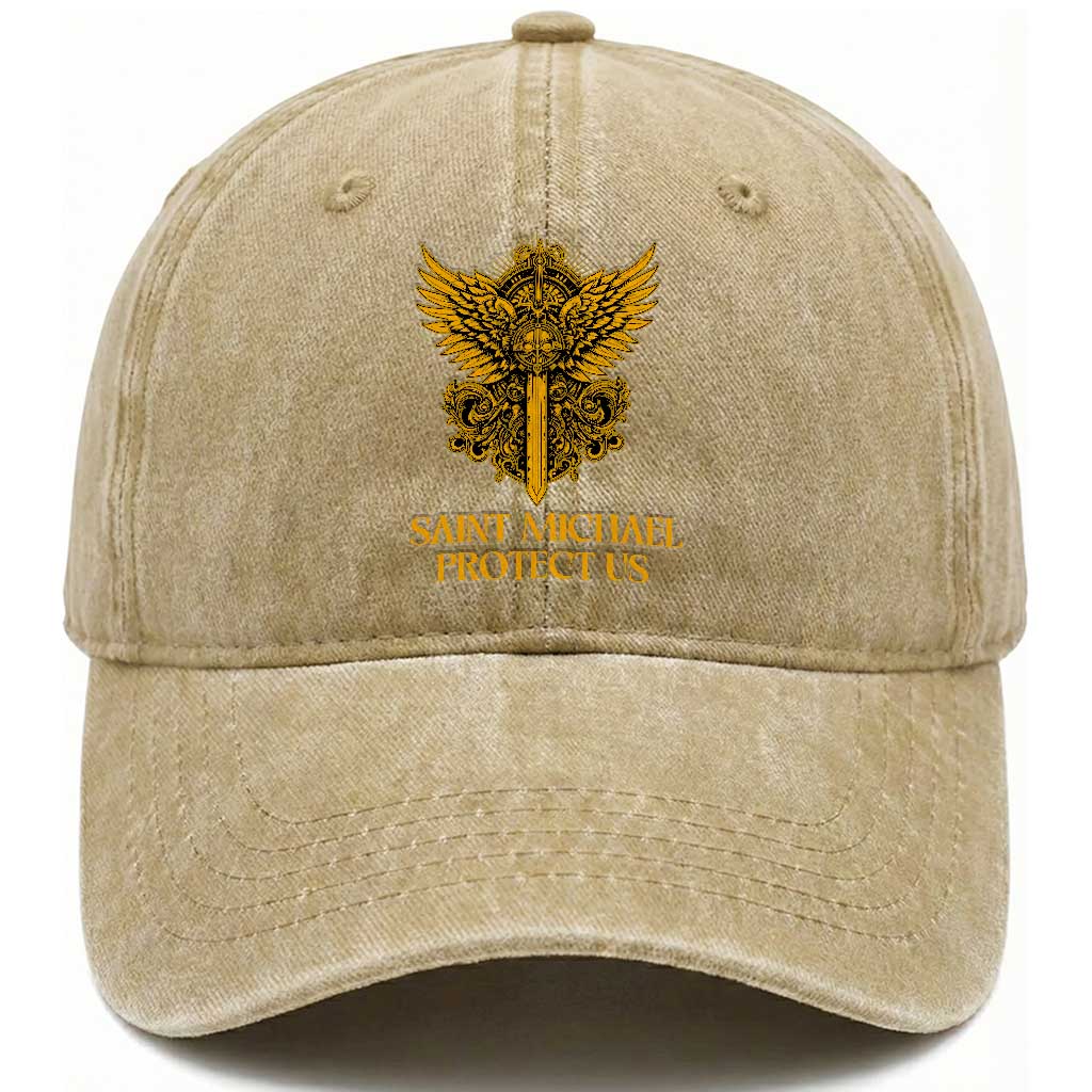 Vintage Catholic Saint Michael Protect Us Washed Cotton Baseball Cap Religious Gift TS12 Print Your Wear