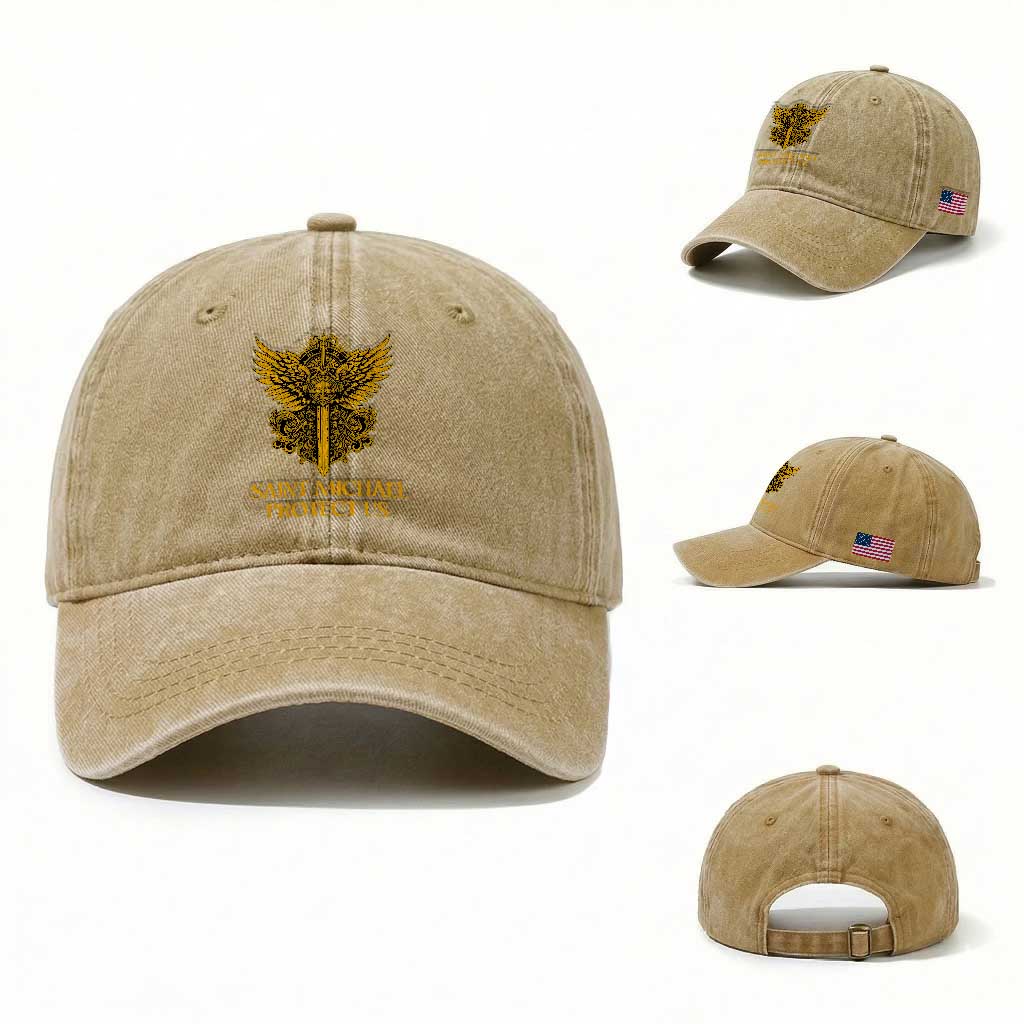 Vintage Catholic Saint Michael Protect Us Washed Cotton Baseball Cap Religious Gift TS12 Washed Cap Universal Fit Khaki Print Your Wear