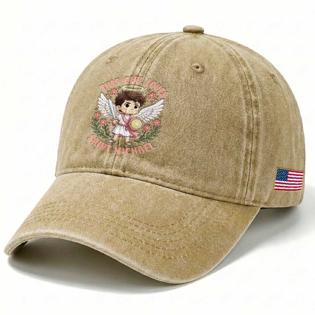 This Girl Loves Saint Michael Washed Cotton Baseball Cap Religious Faith Gift TS12 Print Your Wear