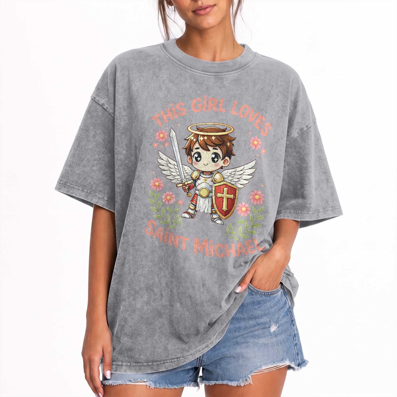 This Girl Loves Saint Michael Washed Cotton T-Shirt Catholic Faith Gift