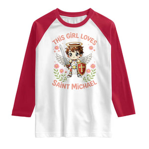 This Girl Loves Saint Michael Raglan Shirt Catholic Faith Gift TS12 White Red Print Your Wear