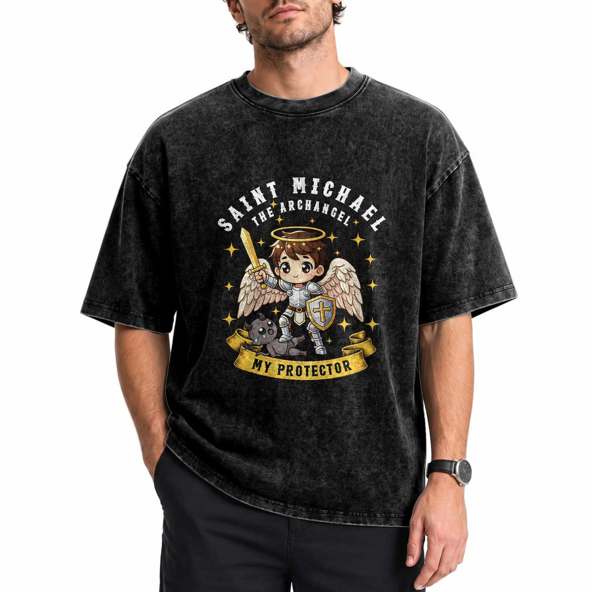 Funny Saint Michael Defeating Satan Washed Cotton T-Shirt Religious Faith Gift