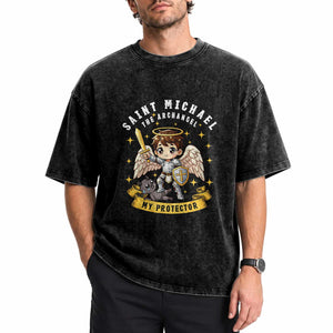 Funny Saint Michael Defeating Satan Washed Cotton T-Shirt Religious Faith Gift