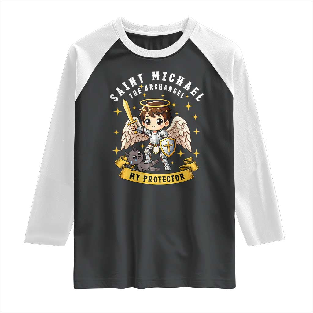 Funny Saint Michael Defeating Satan Raglan Shirt Religious Faith Gift TS12 Black White Print Your Wear