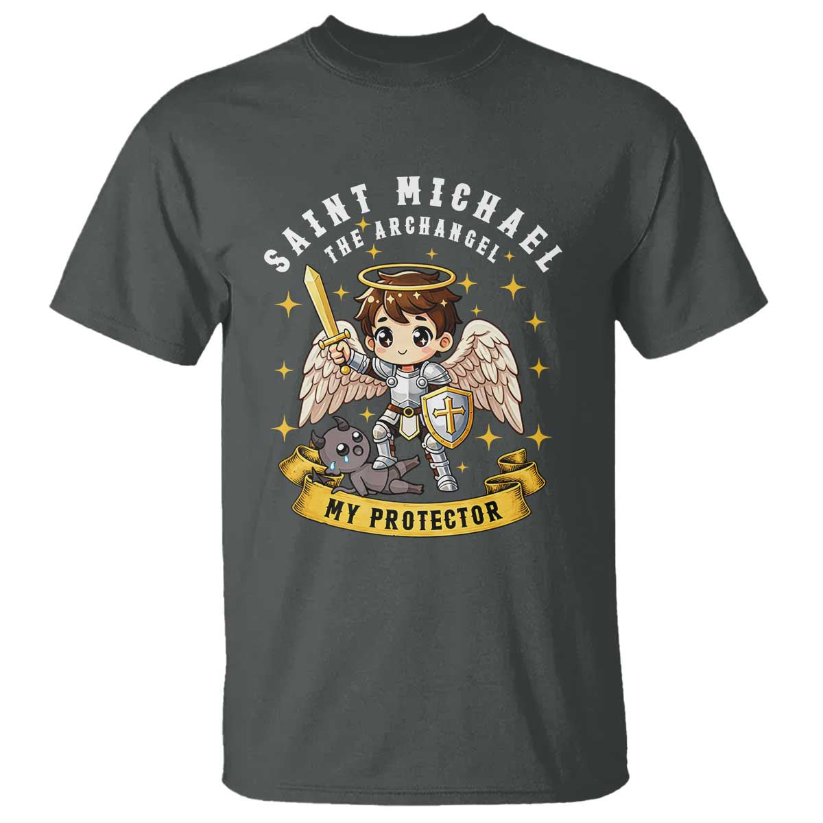 Funny Saint Michael Defeating Satan T Shirt Religious Faith Gift TS12 Dark Heather Print Your Wear