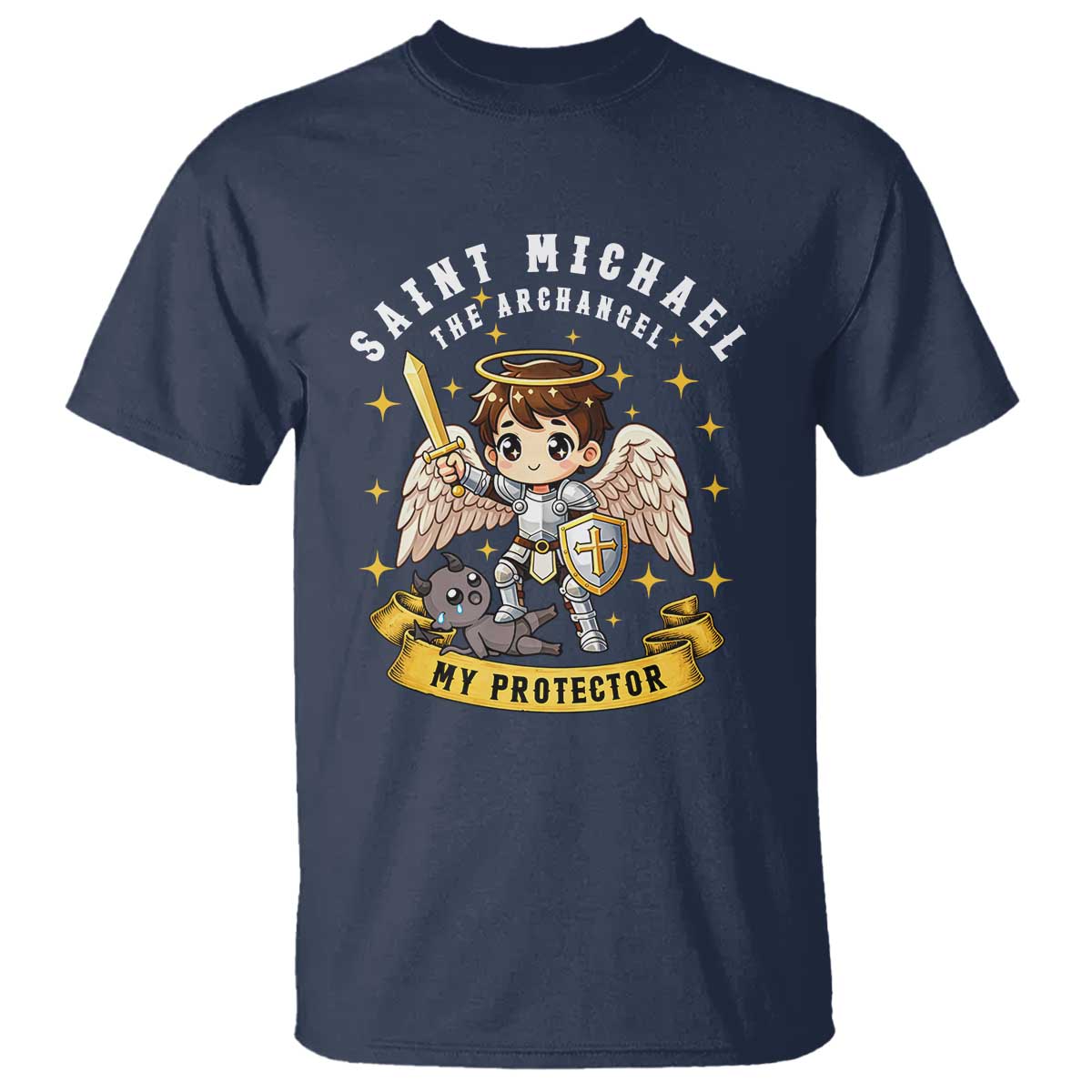 Funny Saint Michael Defeating Satan T Shirt Religious Faith Gift TS12 Navy Print Your Wear