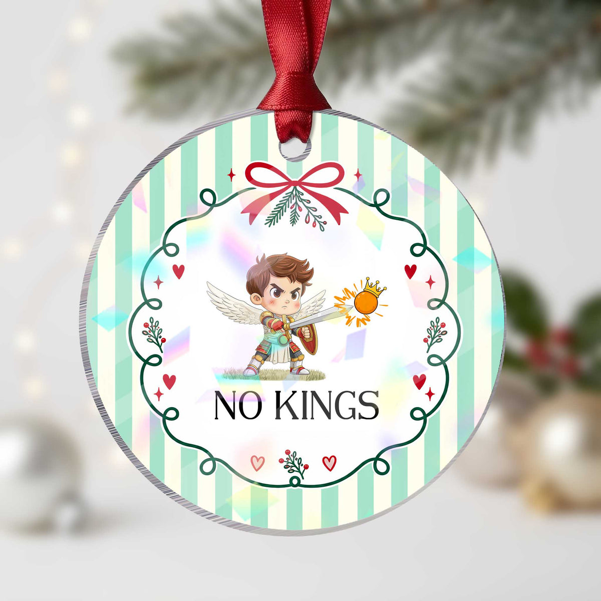 No Kings Holographic Acrylic Ornament Funny Saint Michael Topples The Crown