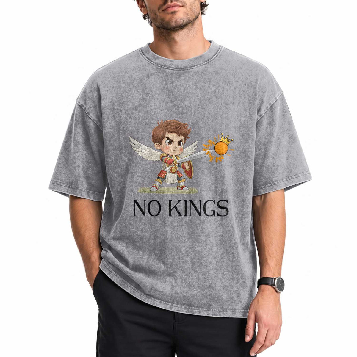 No Kings Washed Cotton T-Shirt Funny Saint Michael Topples The Crown