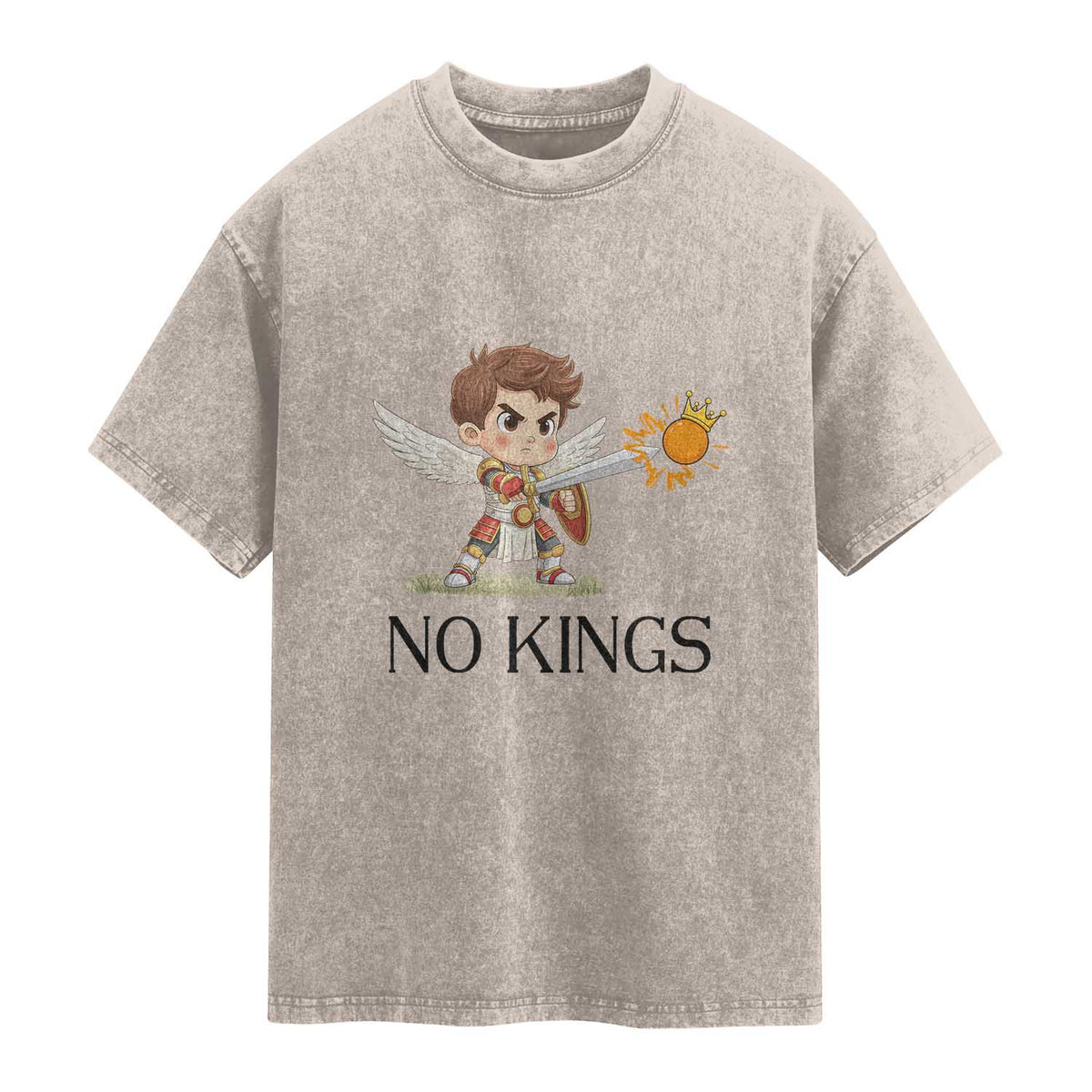 No Kings Washed Cotton T-Shirt Funny Saint Michael Topples The Crown