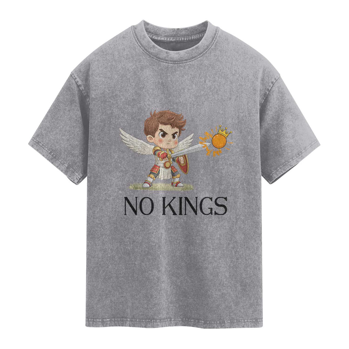 No Kings Washed Cotton T-Shirt Funny Saint Michael Topples The Crown