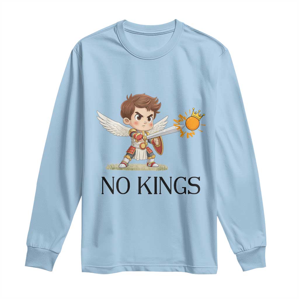 No Kings Long Sleeve Shirt Funny Saint Michael Topples The Crown TS12 Light Blue Print Your Wear