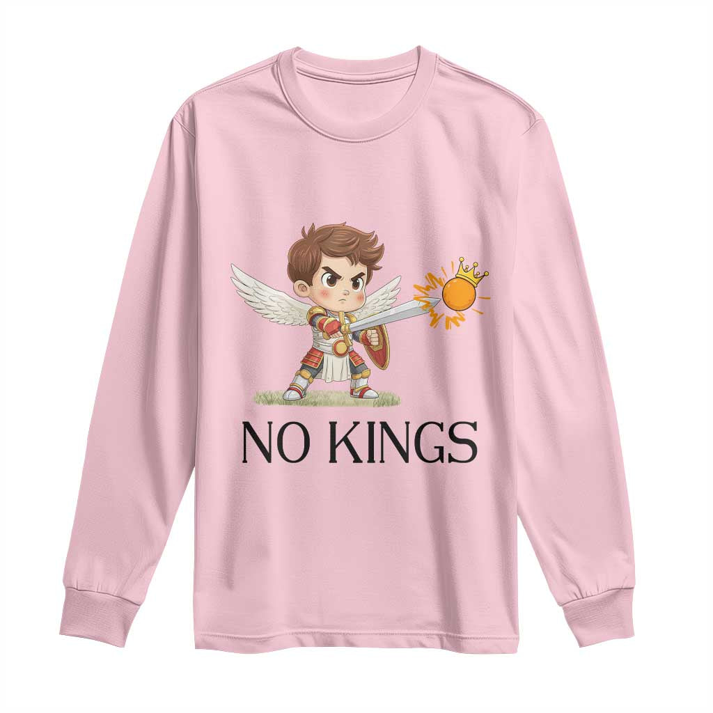 No Kings Long Sleeve Shirt Funny Saint Michael Topples The Crown TS12 Light Pink Print Your Wear