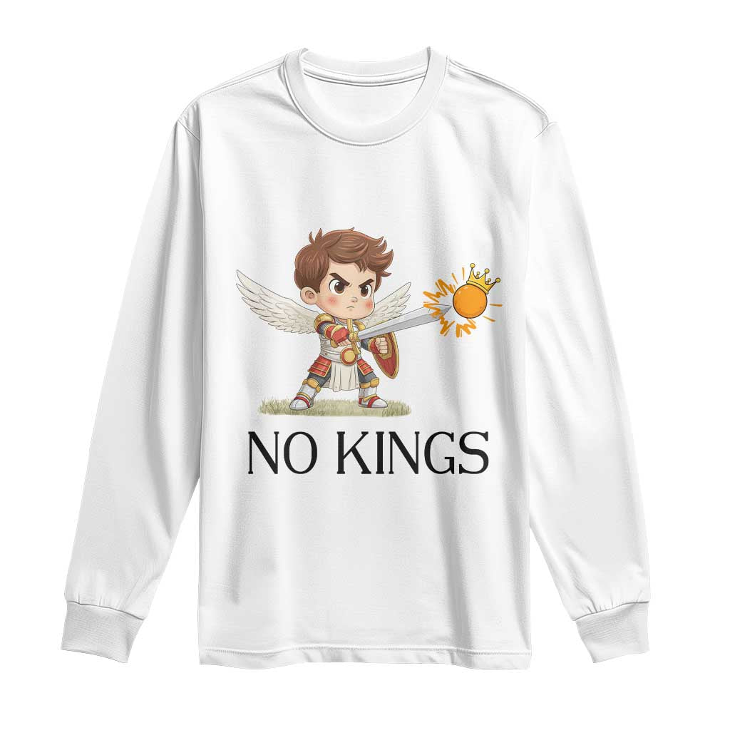 No Kings Long Sleeve Shirt Funny Saint Michael Topples The Crown TS12 White Print Your Wear