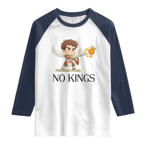 No Kings Raglan Shirt Funny Saint Michael Topples The Crown TS12 White Navy Print Your Wear