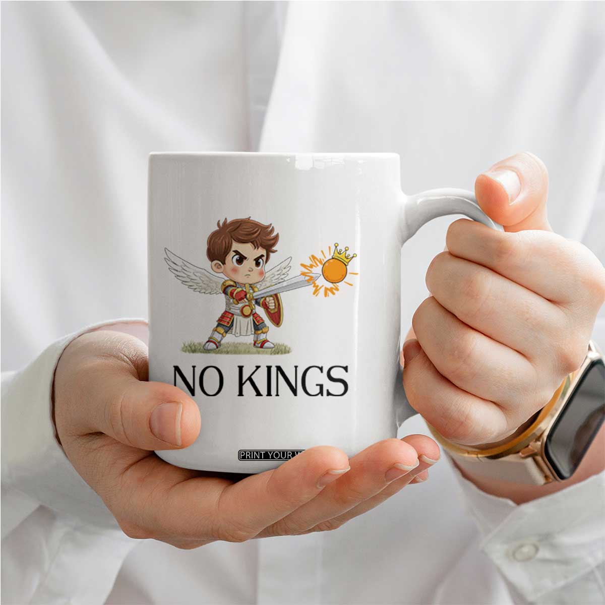 No Kings Coffee Mug Funny Saint Michael Topples The Crown TS12 Print Your Wear